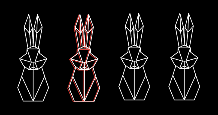 A dark background with three bright outlines of rabbits, one red outline of a rabbit. The outlines are simple forms made up of triangles.